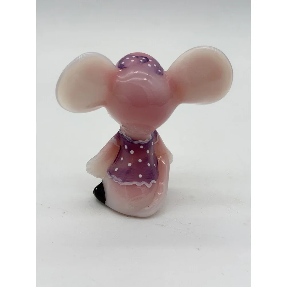 Fenton Art Glass Rosalene Purple Polka Dot Dress Hand Painted Mouse Figurine